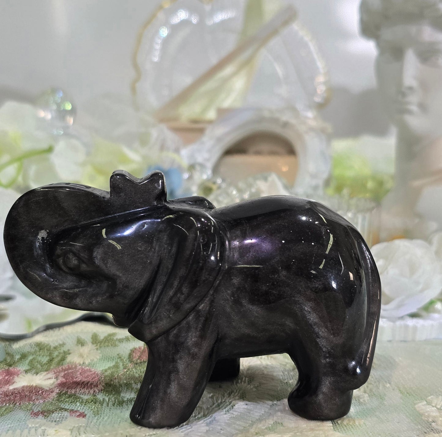 Natural Crystal-Silver obsidian elephant carving