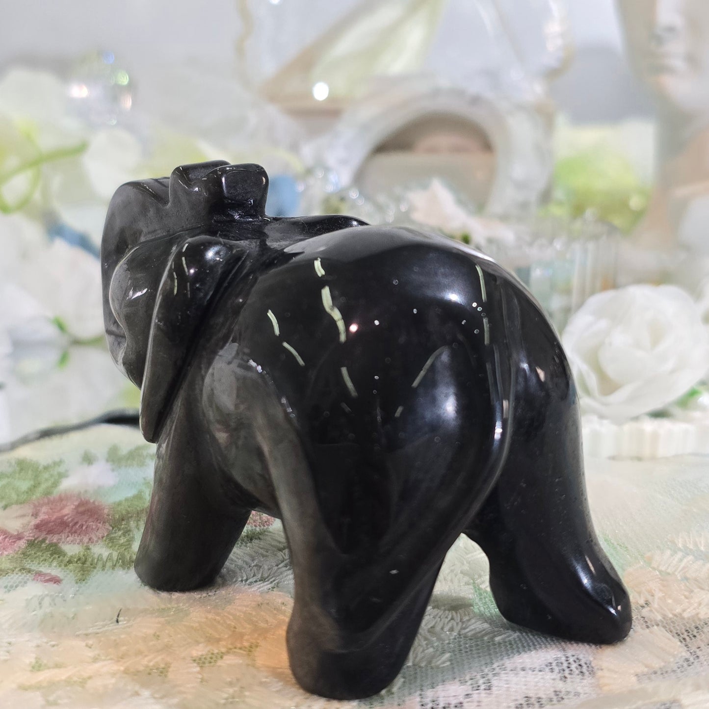 Natural Crystal-Silver obsidian elephant carving