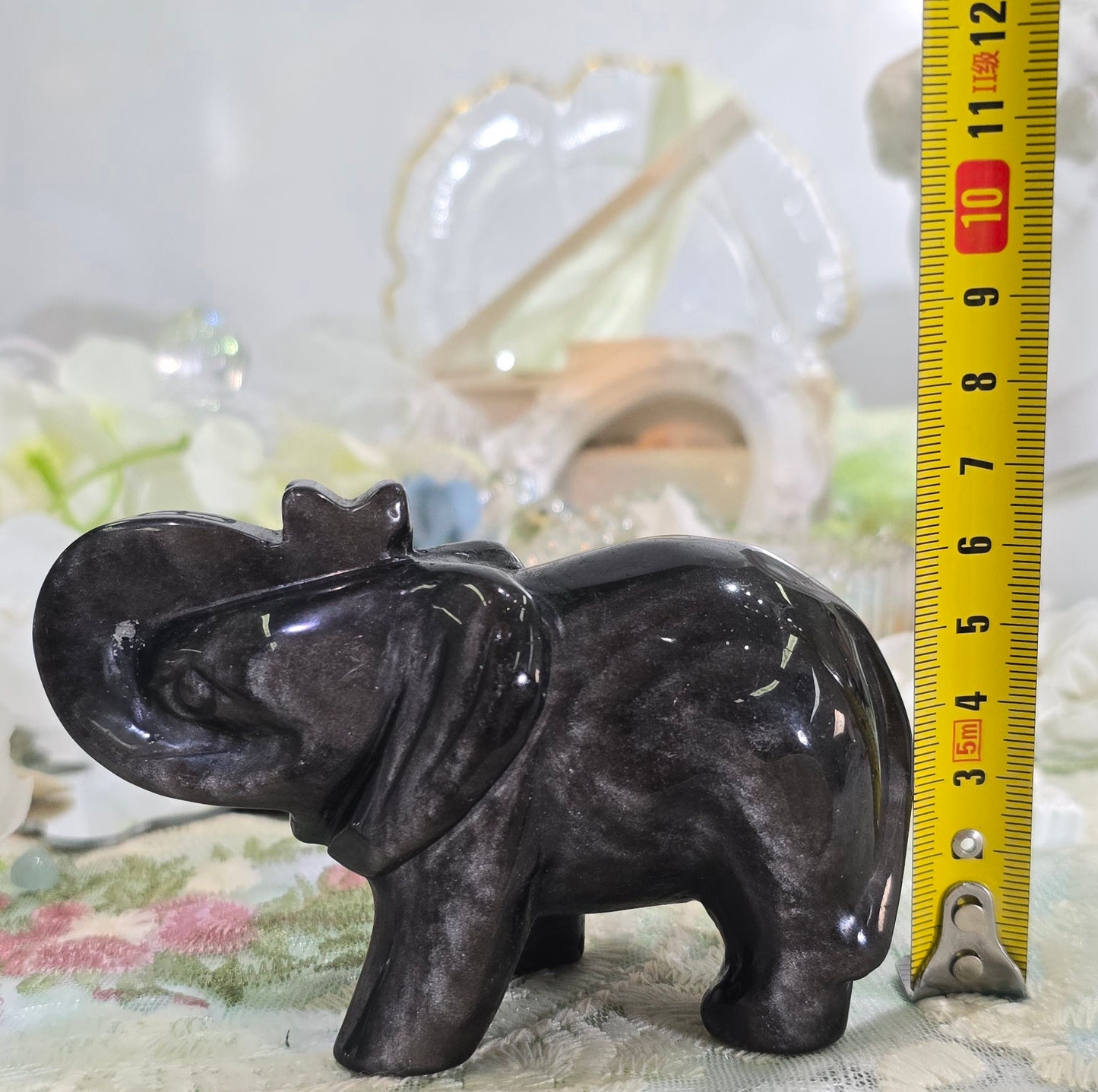 Natural Crystal-Silver obsidian elephant carving