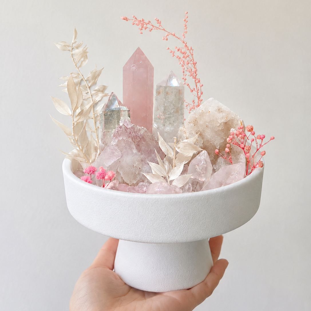 Pink Serenity Crystal Terrarium | Rose Quartz Hand‑Made One‑of‑a‑Kind