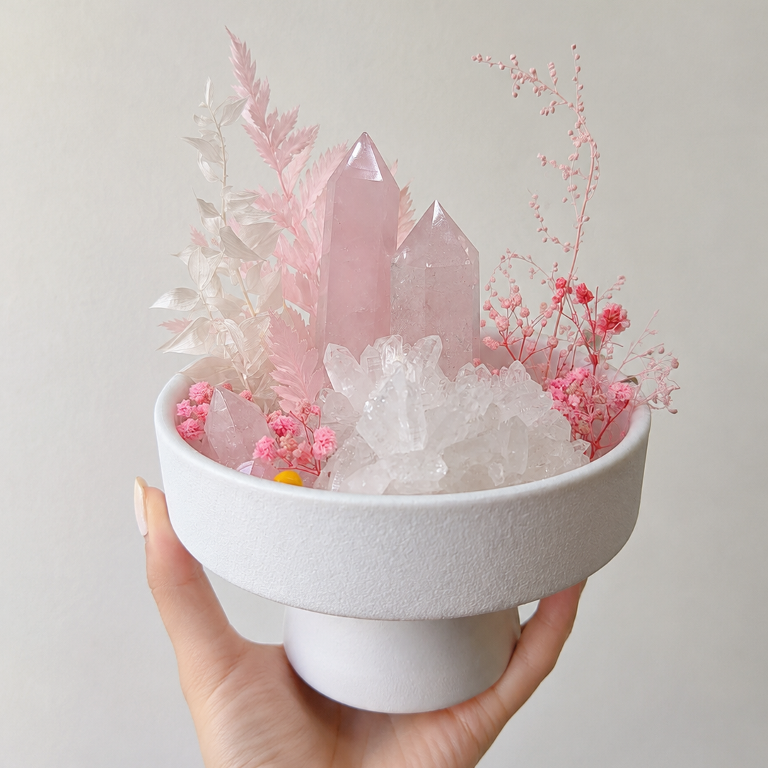 Soft Aura Crystal Terrarium | Rose Quartz Clear Quartz Dried Flower Hand‑Made One‑of‑a‑Kind