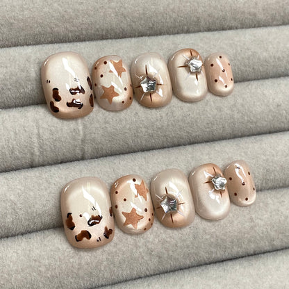 American-style sweet and cool milk coffee leopard print star rhinestone handmade nails - RT