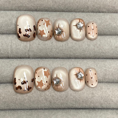 American-style sweet and cool milk coffee leopard print star rhinestone handmade nails - RT