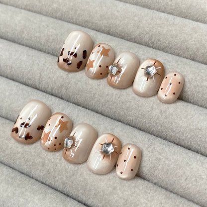American-style sweet and cool milk coffee leopard print star rhinestone handmade nails - RT