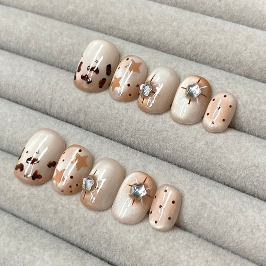American-style sweet and cool milk coffee leopard print star rhinestone handmade nails - RT