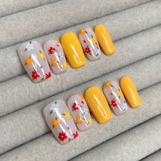 Warm yellow floral handmade nails - RT