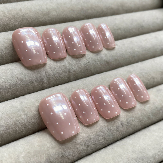 Icy nude pink aurora polka dot handmade nails -RT