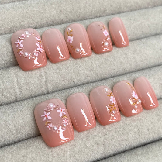 Nude pink gradient cherry blossom handmade nails - RT