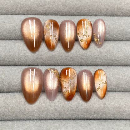 Maillard style caramel brown cat-eye gold foil almond handmade nails - RT