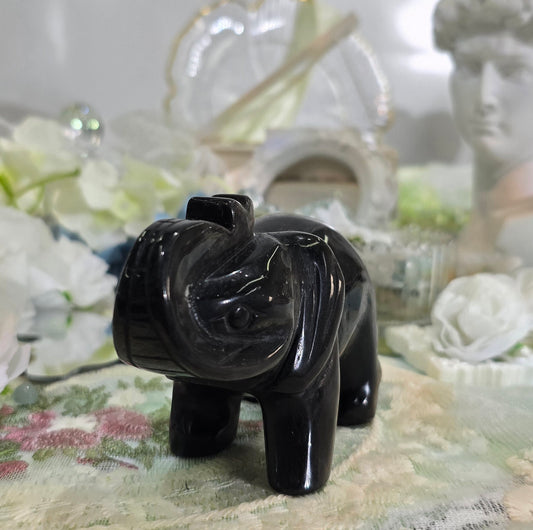 Natural Crystal-Silver obsidian elephant carving