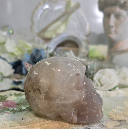 Natural Crystal-Sakura agate skull carving