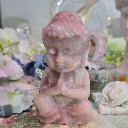 Natural crystal-pink opal Buddha carving