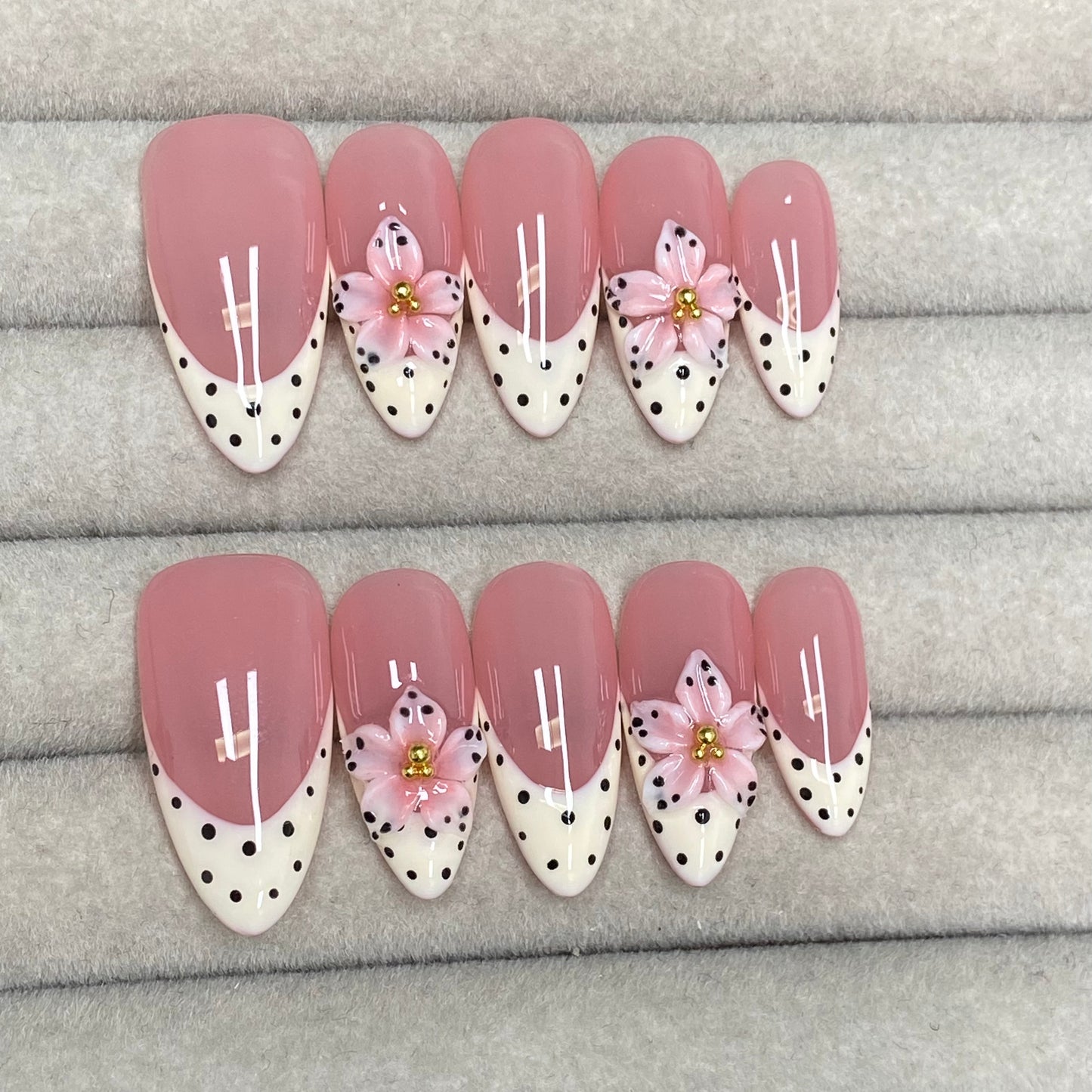 Sweet and girly nude pink polka dot French with 3D flowers and almond-shaped handmade nails-RT