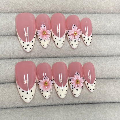 Sweet and girly nude pink polka dot French with 3D flowers and almond-shaped handmade nails-RT
