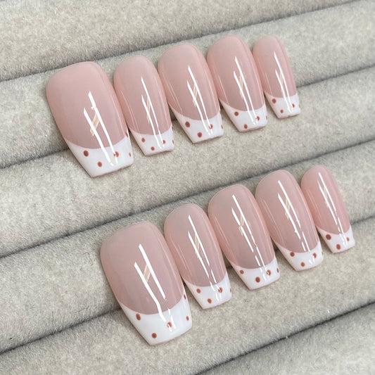Korean style, soft nude pink polka dot French style Handmade Nails - RT