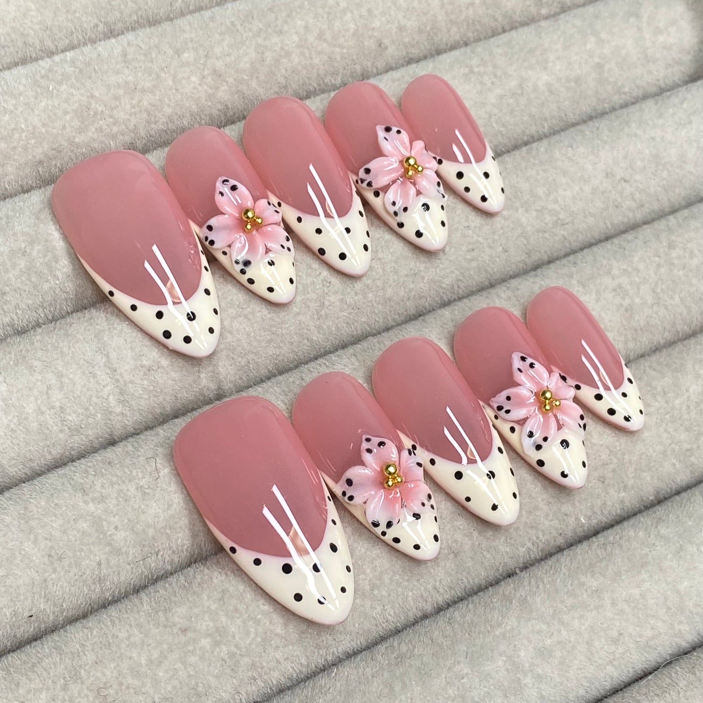 Sweet and girly nude pink polka dot French with 3D flowers and almond-shaped handmade nails-RT