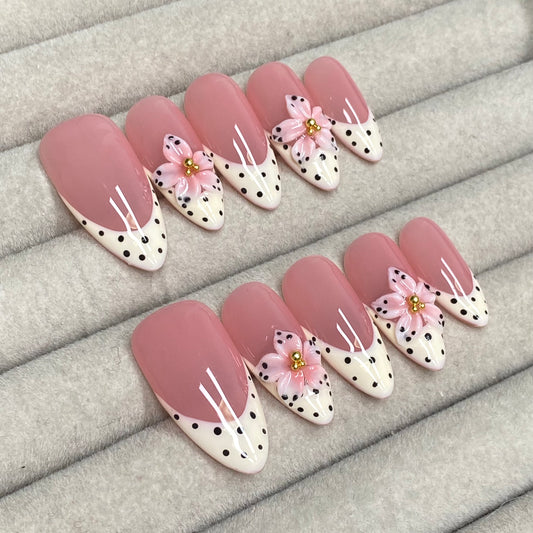 Sweet and girly nude pink polka dot French with 3D flowers and almond-shaped handmade nails-RT