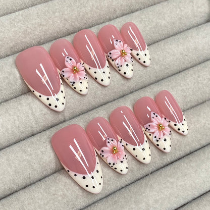 Sweet and girly nude pink polka dot French with 3D flowers and almond-shaped handmade nails-RT