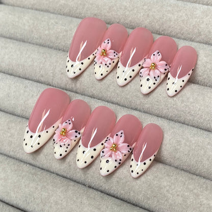 Sweet and girly nude pink polka dot French with 3D flowers and almond-shaped handmade nails-RT