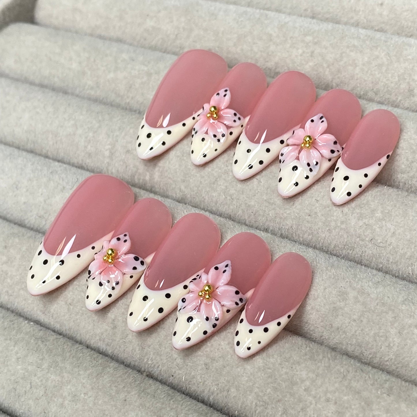 Sweet and girly nude pink polka dot French with 3D flowers and almond-shaped handmade nails-RT