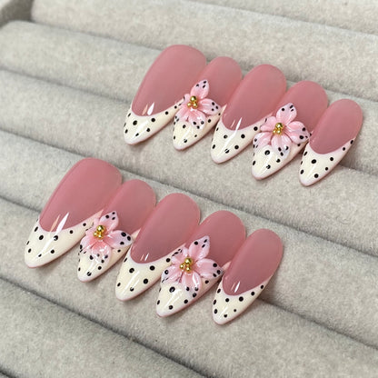 Sweet and girly nude pink polka dot French with 3D flowers and almond-shaped handmade nails-RT