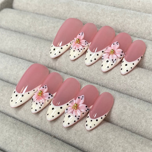 Sweet and girly nude pink polka dot French with 3D flowers and almond-shaped handmade nails-RT