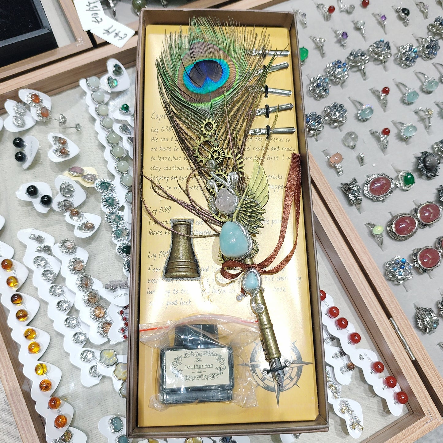 Natural Crystal Peacock Feather Fountain Pen - Replaceable Nose Tip (with Ink)