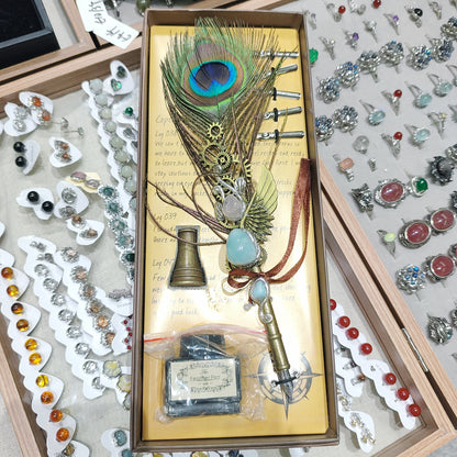 Natural Crystal Peacock Feather Fountain Pen - Replaceable Nose Tip (with Ink)