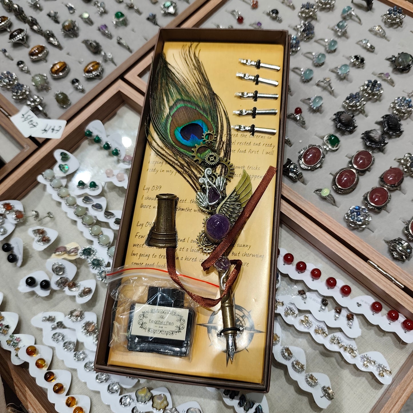 Natural Crystal Peacock Feather Fountain Pen - Replaceable Nose Tip (with Ink)