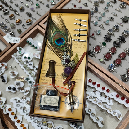 Natural Crystal Peacock Feather Fountain Pen - Replaceable Nose Tip (with Ink)