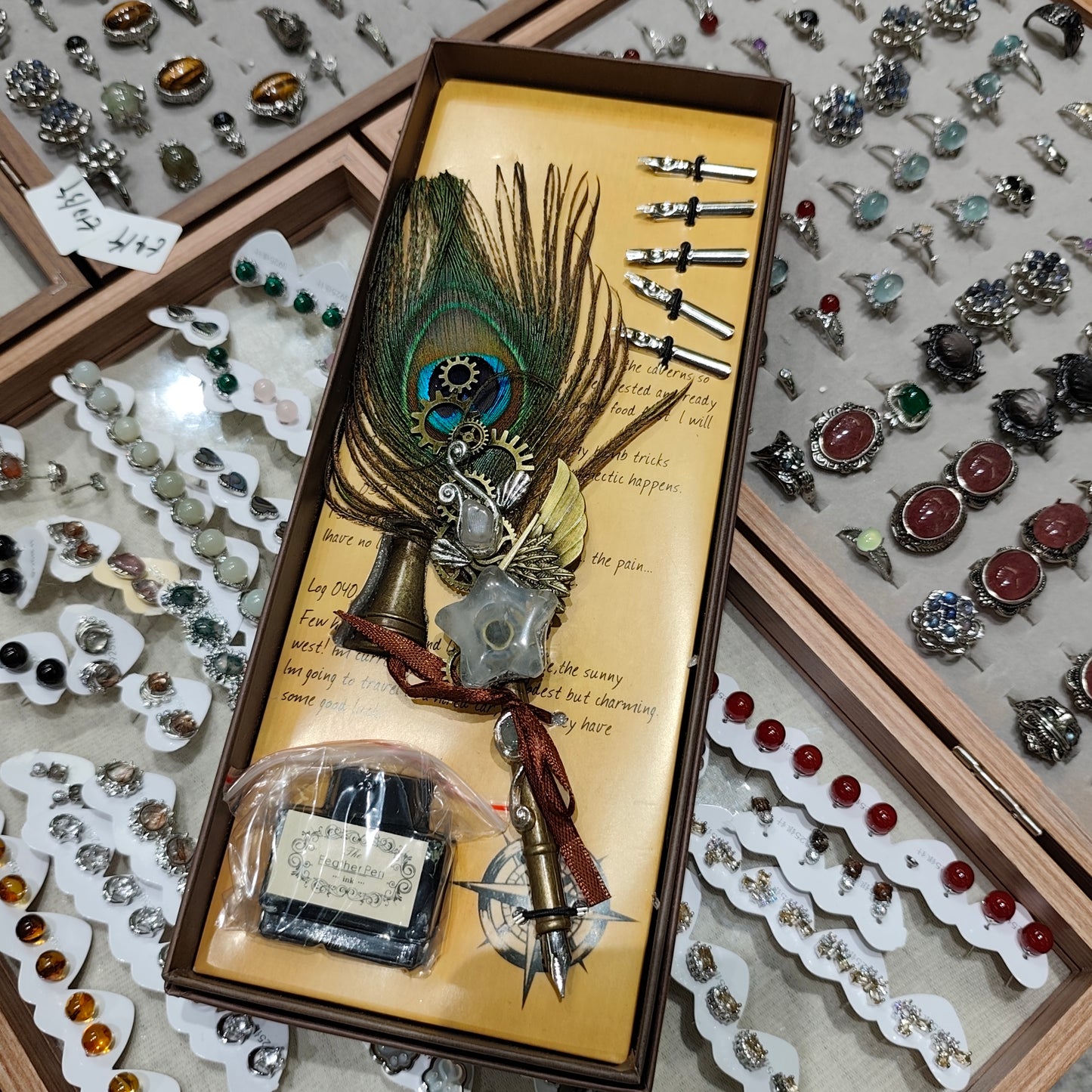 Natural Crystal Peacock Feather Fountain Pen - Replaceable Nose Tip (with Ink)
