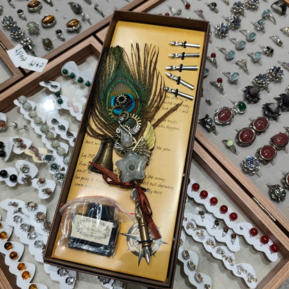 Natural Crystal Peacock Feather Fountain Pen - Replaceable Nose Tip (with Ink)