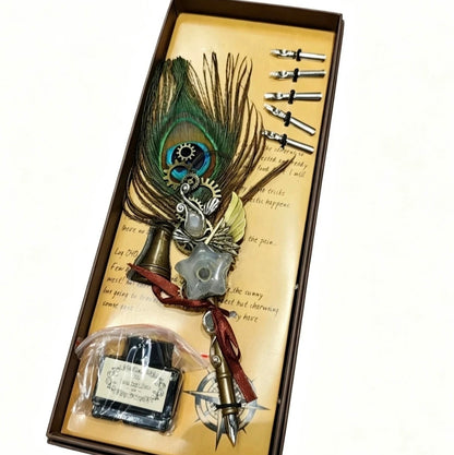 Natural Crystal Peacock Feather Fountain Pen - Replaceable Nose Tip (with Ink)