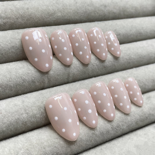 French retro nude pink polka dot handmade nails - RT