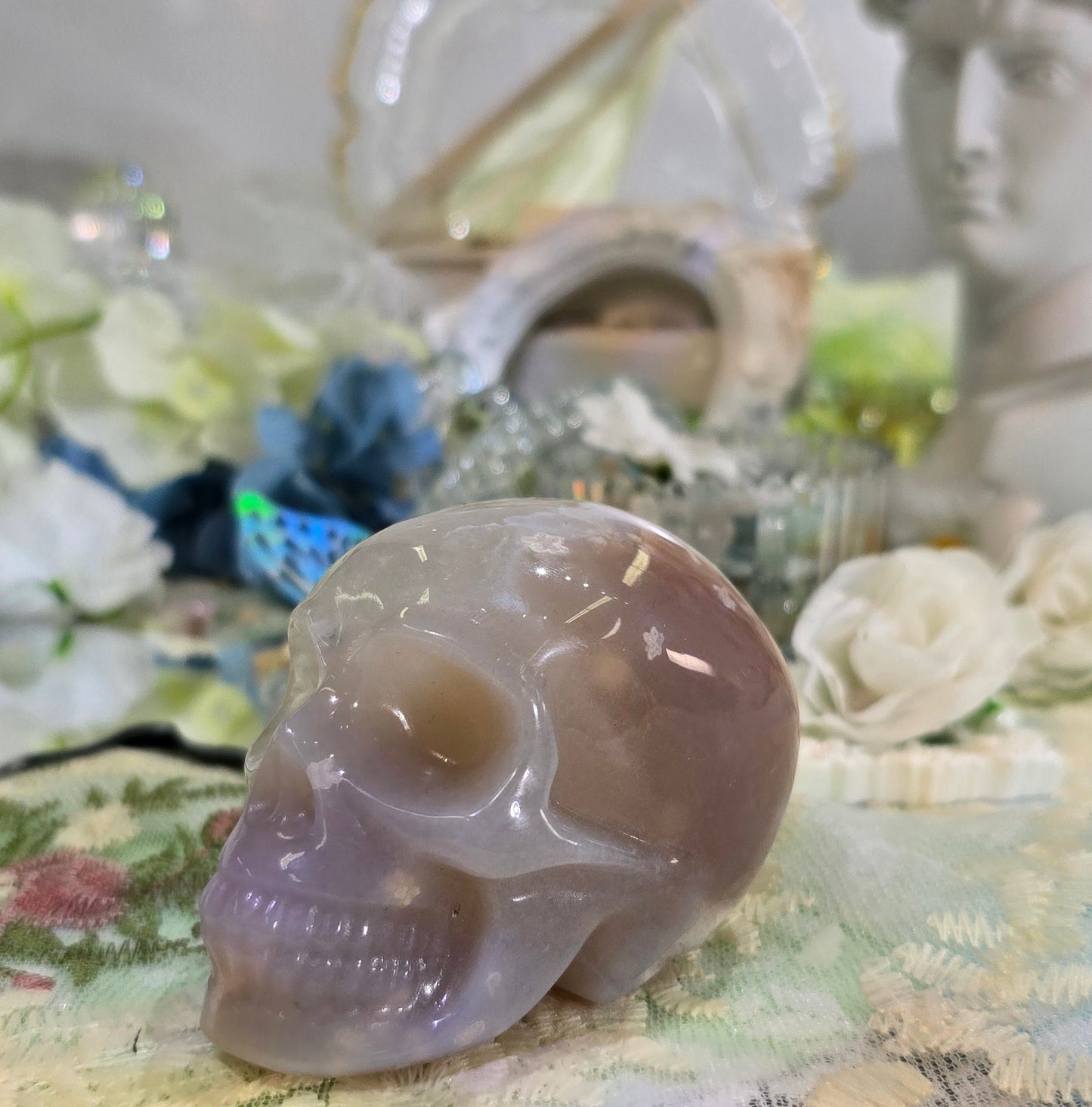 Natural Crystal-Sakura agate skull carving