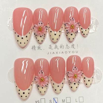 Sweet and girly nude pink polka dot French with 3D flowers and almond-shaped handmade nails-RT