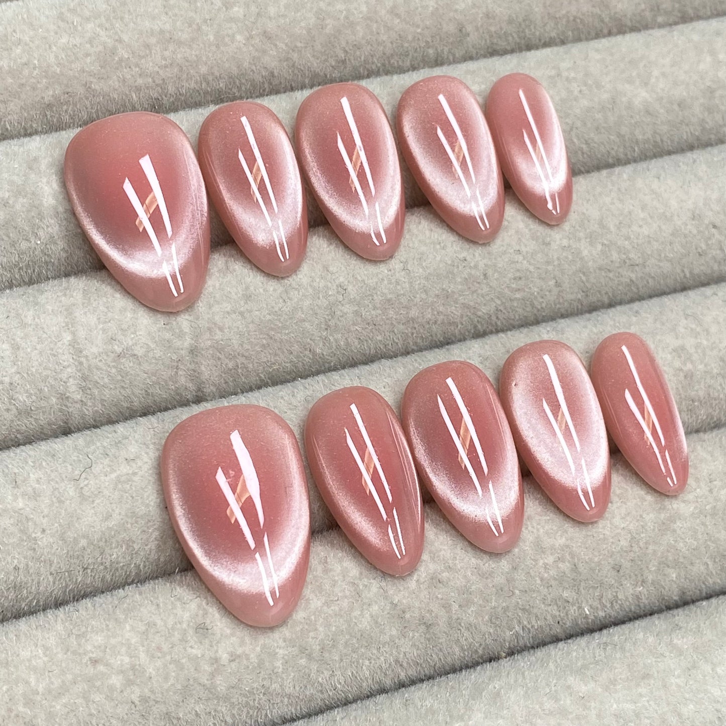 Plain pink glass bead cat-eye almond handmade nails - RT