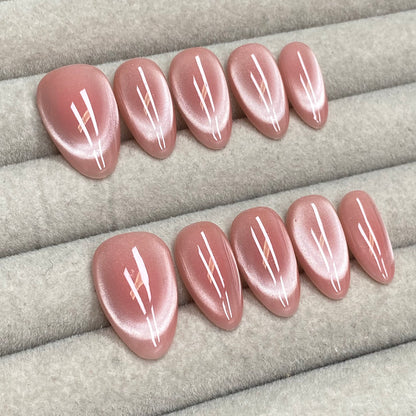 Plain pink glass bead cat-eye almond handmade nails - RT