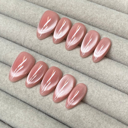 Plain pink glass bead cat-eye almond handmade nails - RT