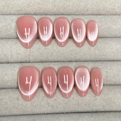 Plain pink glass bead cat-eye almond handmade nails - RT