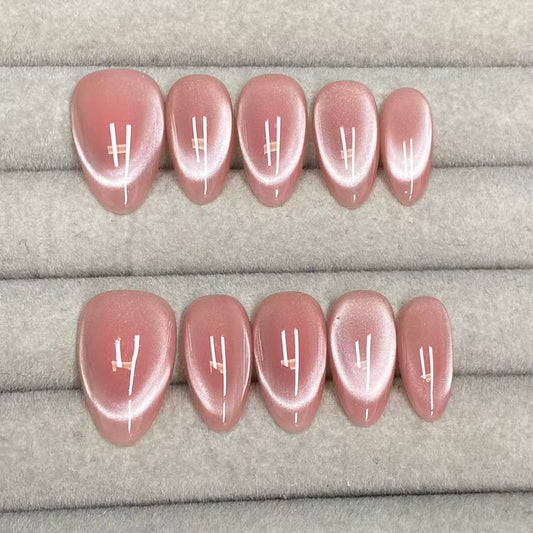 Plain pink glass bead cat-eye almond handmade nails - RT