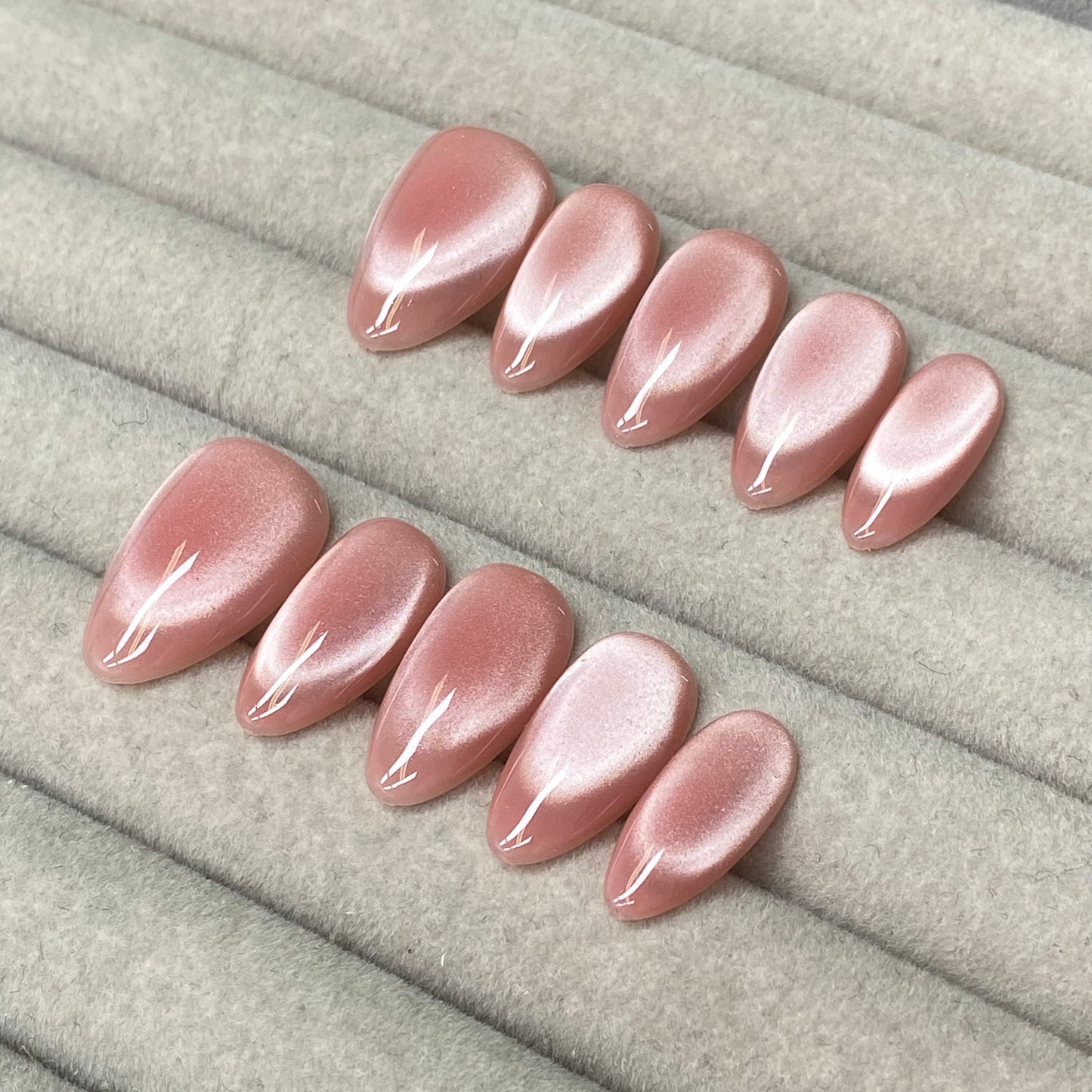 Plain pink glass bead cat-eye almond handmade nails - RT