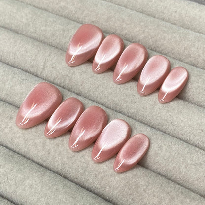 Plain pink glass bead cat-eye almond handmade nails - RT