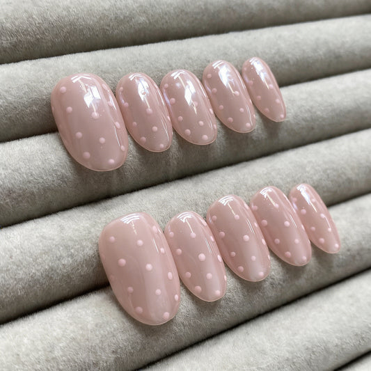 Translucent nude pink polka dot handmade nails - RT