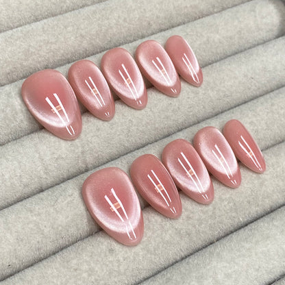Plain pink glass bead cat-eye almond handmade nails - RT