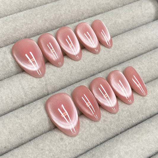 Plain pink glass bead cat-eye almond handmade nails - RT