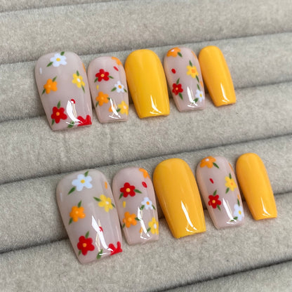 Warm yellow floral handmade nails - RT