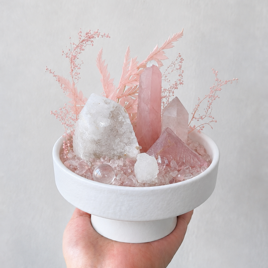 Blush Serenity Crystal Terrarium | Rose Quartz Clear Quartz Hand‑Made One‑of‑a‑Kind