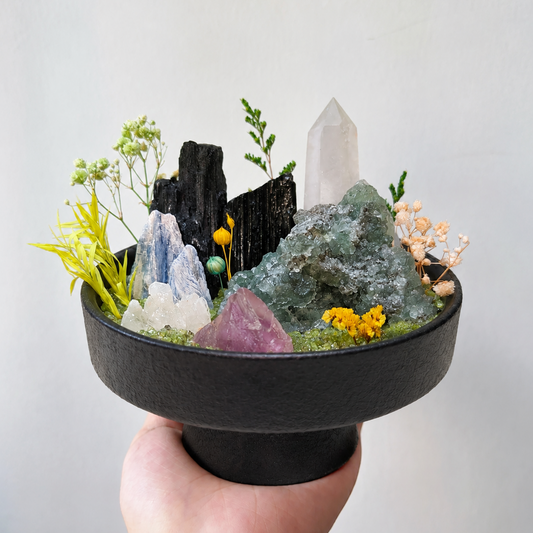 Mystic Mountain Crystal Terrarium | Black Tourmaline Kyanite Fluorite Amethyst Clear Quartz Dried Flower