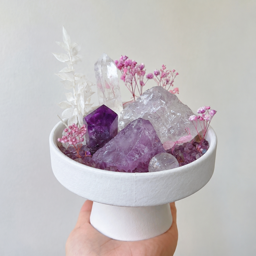 Lavender Dream Crystal Terrarium | Amethyst Clear Quartz Dried Flower